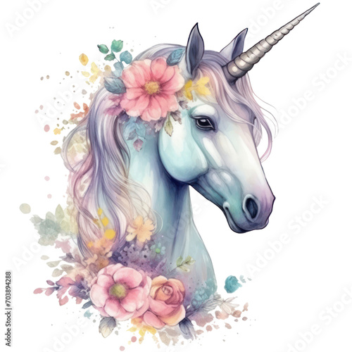 Pastel rainbow unicorn with flowers. Fairytale watercolor illustration isolated with a transparent background. Image of a magical creature for girl   s design.