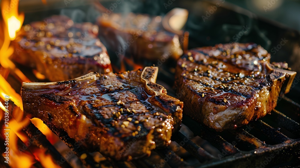 Juicy T-Bone steaks with grill marks cooking over a hot charcoal flame on a barbecue grill, smoke rising, outdoor summer BBQ concept. - obrazy, fototapety, plakaty 