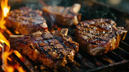 Foto Juicy T-Bone steaks with grill marks cooking over a hot charcoal flame on a barbecue grill, smoke rising, outdoor summer BBQ concept
