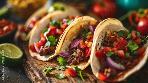 Beef tacos with tomato sauce and salsa from Mexico, close shot, Generative AI. photo