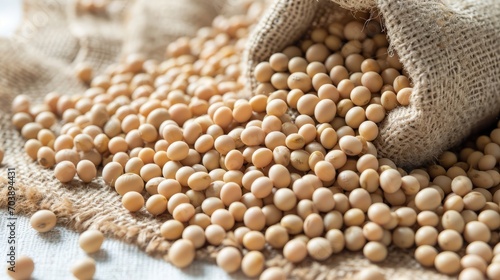 Soybeans spilled from a burlap bag on a textured surface, showcasing natural and organic agricultural produce