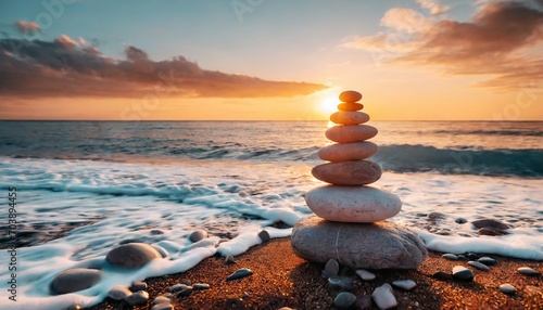 a stack of stones by the sea at sunset, embracing the Zen philosophy.