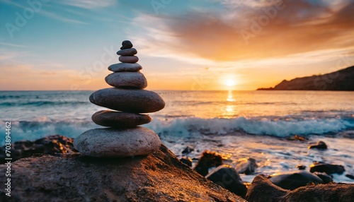 zen stones on the beach.a stack of stones by the sea at sunset, embracing the Zen philosophy.