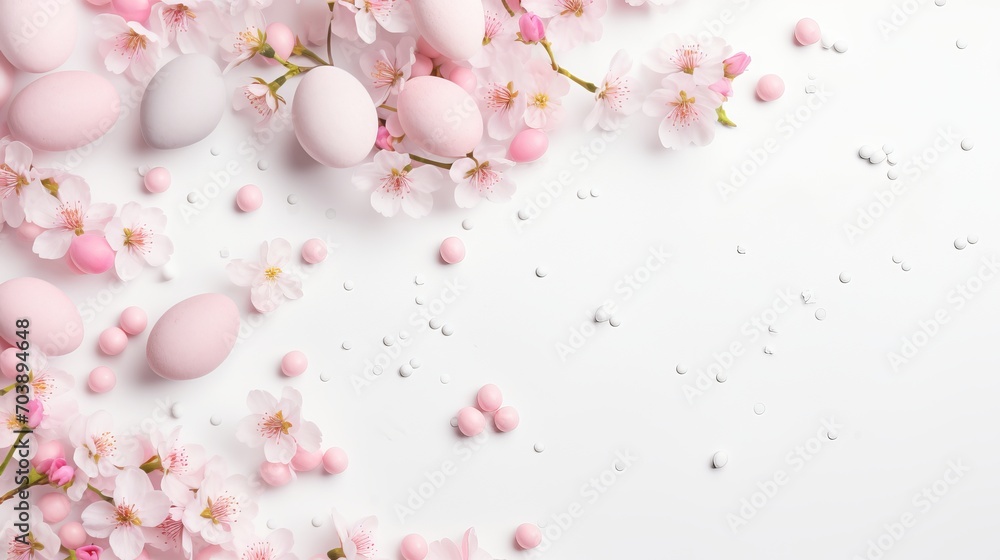 Fototapeta premium Easter greeting card mockup: pastel pink spring blossoms, eggs, and hearts on white background (top view, copy space)