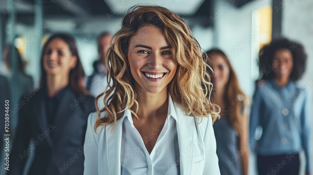 Businesswoman smiling and excited leading the team Businesswoman smiling and excited leading the team