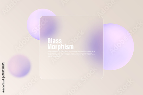 Glass morphism concept square banner with colorful floating spheres. Frosted glass effect.