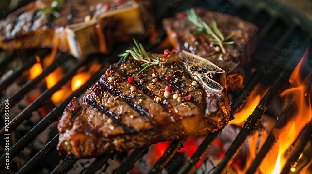Juicy T-Bone steaks with grill marks cooking over a hot charcoal flame on a barbecue grill, smoke rising, outdoor summer BBQ concept. Juicy T-Bone steaks with grill marks cooking over a hot charcoal flame on a barbecue grill, smoke rising, outdoor summer BBQ concept.