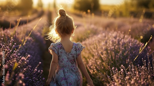 Cinematic back view of a child on a lavender field, Generative AI.