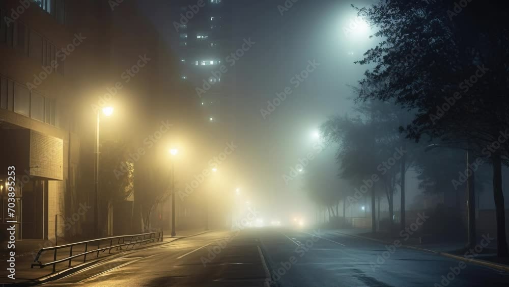 Insomnia concept, slow motion, empty blue city street in fog, light of lanterns. Insomnia concept, slow motion, empty blue city street in fog, light of lanterns.
