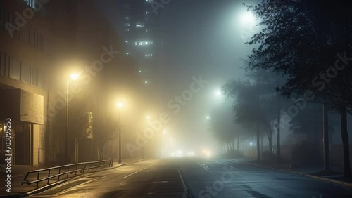 Insomnia concept, slow motion, empty blue city street in fog, light of lanterns. photo
