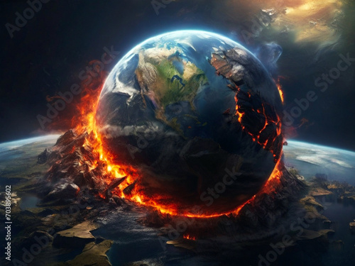 Earth planet burning in flames. Global warming concept. 3D rendering. Earth planet burning in flames. Created using generative AI tools