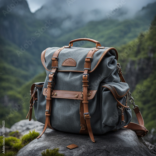Hiking bag stands tall on a weathered rock © Cheetose