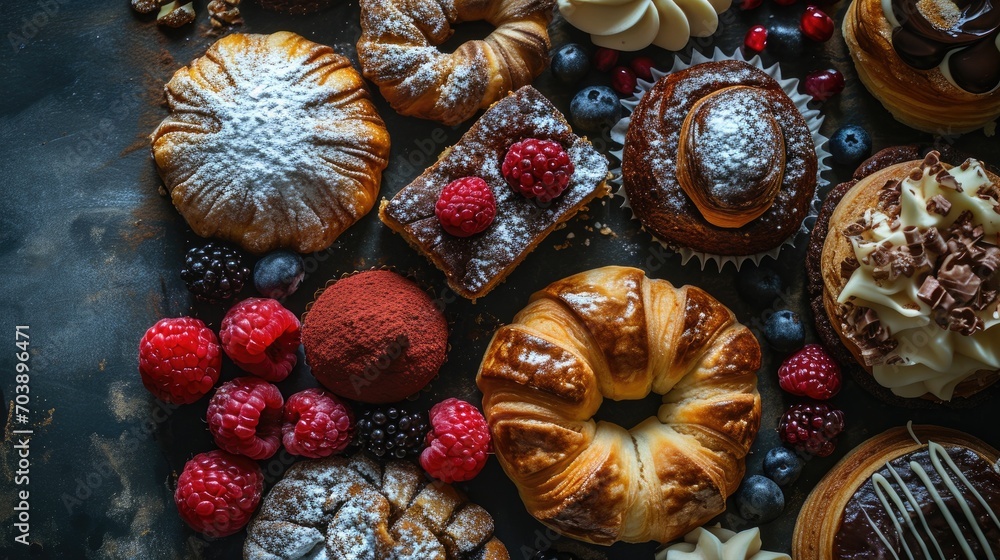 Cinematic shot of sweet pastry assortment top view daylight, Generative AI. Cinematic shot of sweet pastry assortment top view daylight, Generative AI.