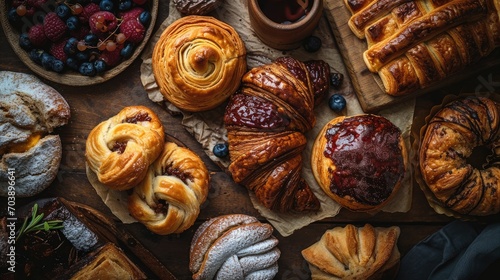 Cinematic shot of sweet pastry assortment top view daylight, Generative AI.