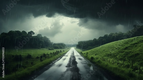 A countryside road disappearing into the distance  obscured by a curtain of falling rain.