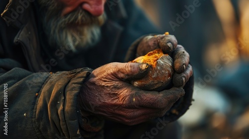 Close shot of a bagger holding a bread with dirty hand in street, Generative AI,