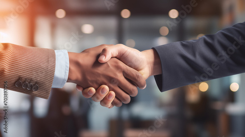 Trusted partnership, business people shaking hands on the background of the office, Two nice hands shaking hands front view in office blurred background, Ai generated image