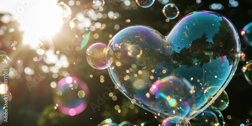 Beautiful soap bubbles in the shape of a heart on bokeh background
