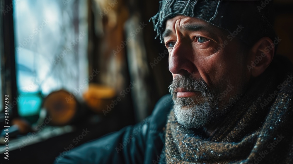 Close shot of a sad man in restaurant in winter dress, Generative AI.