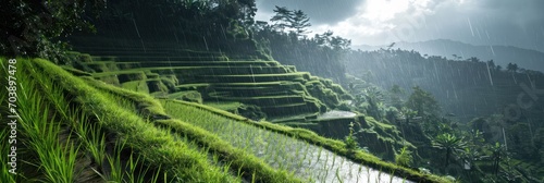 Rain over Bali rice terraces, highlighting the dynamic weather and vibrant greenery of Indonesia