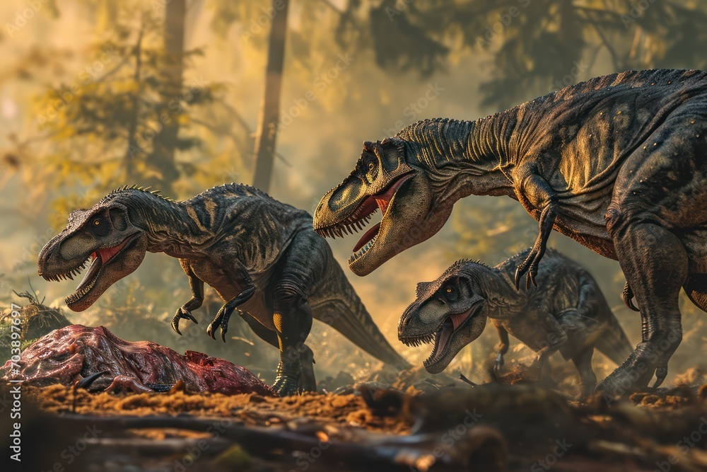 Naklejka premium A pack of Velociraptors devouring their prey in a dense, ancient jungle illuminated by light.