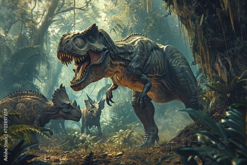 Tyrannosaurus rex roaring amidst jungle with other dinosaurs, ferocity of ancient life © olga_demina
