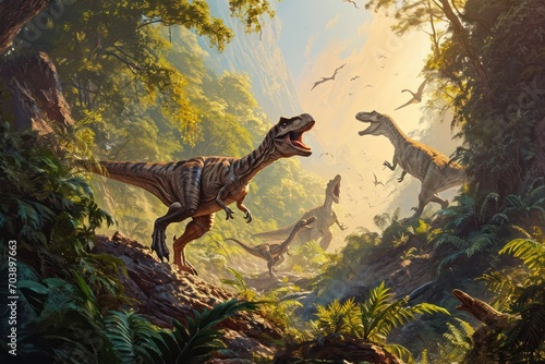 Obraz na plátně Vivid portrayal of dinosaurs in a primordial forest with dramatic sunlight throu