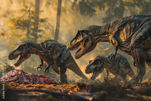 A pack of Velociraptors devouring their prey in a dense  ancient jungle illuminated by light.