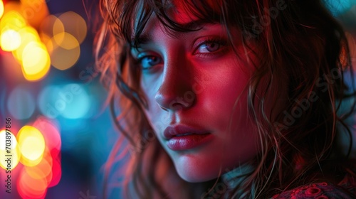 A close up of a woman's face with lights in the background, city lights backdrop adds vibrant urban allure.