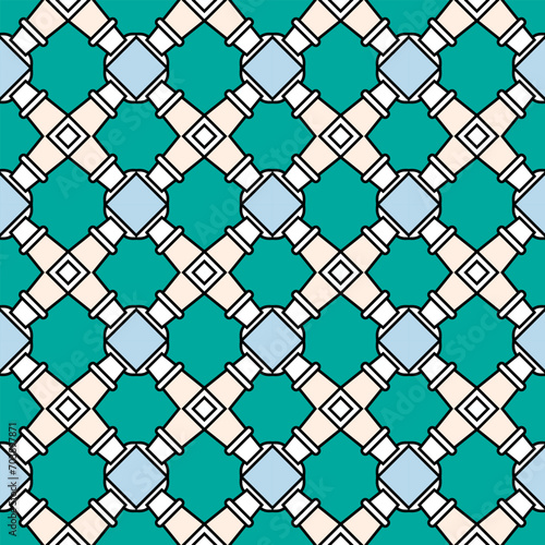 Seamless pattern with carved elements. Simple cellular ornament. Blue background. Vector illustration