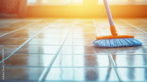 Sparkling Cleanliness  Mop Transforming Dirty Tiled Floors to Shiny Surfaces at Home - Domestic Hygiene Concept