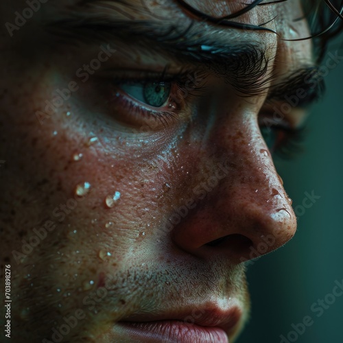 Close shot of depressed sad crying man in his room, Generative AI. © MinixT