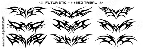 Y2K tribal shapes in retro futuristic style. Futuristic and Neo Tribal Tattoo Designs: A Modern Twist on Traditional Motifs. Succubus womb art, cyber sigilism style hand drawn ornaments. Vector