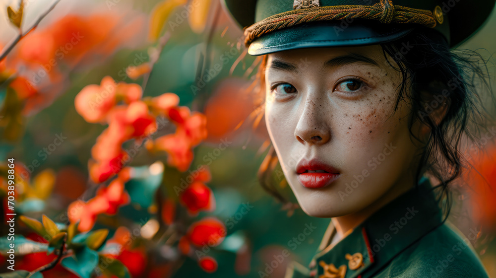 Portrait of a Young Self-Confident Korean Woman Dressed in a Fantasy Uniform Wallpaper Background Brainstorming Family Digital Art Magazine Poster Portrait of a Young Self-Confident Korean Woman Dressed in a Fantasy Uniform Wallpaper Background Brainstorming Family Digital Art Magazine Poster