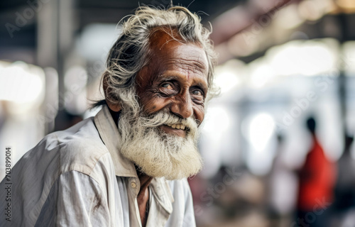 Portrait of an old Indian man with white beard and mustache.