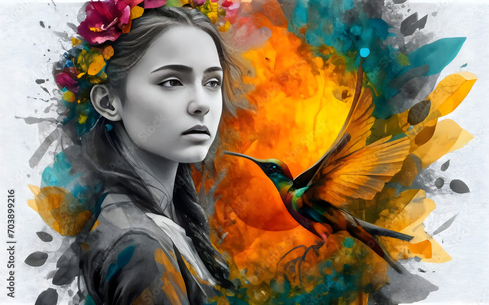 Colorful Portrait of a Young Female Artist with Artistic Face Paint and Flower
