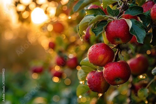 Morning dew on red apples with golden sunlight peeking through the orchard