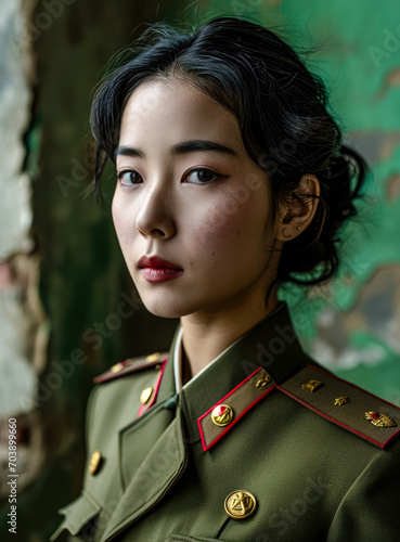 Portrait of a Young Self-Confident Korean Woman Dressed in a Fantasy Uniform Wallpaper Background Brainstorming Family Digital Art Magazine Poster