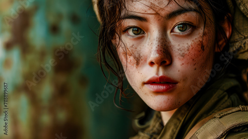 Portrait of a Young Self-Confident Korean Woman Dressed in a Fantasy Uniform Wallpaper Background Brainstorming Family Digital Art Magazine Poster