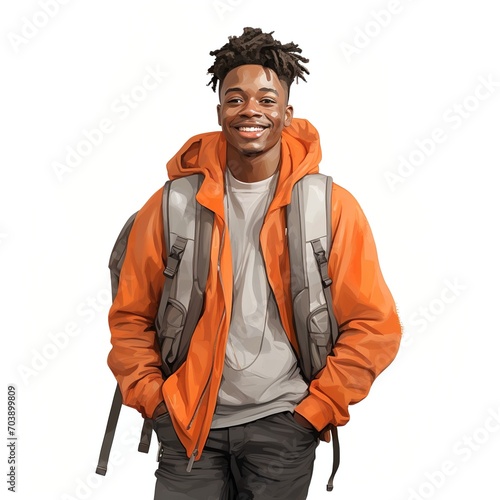 Portrait of a smiling young African-American man with dreadlocks wearing an orange hoodie