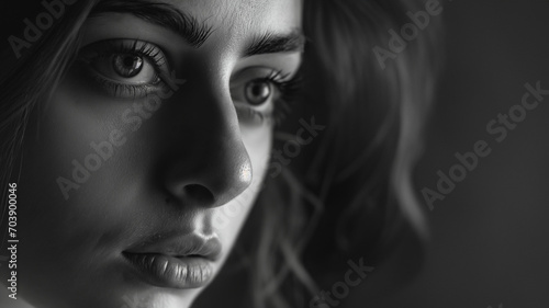 Hübsches Gesicht einer Frau im Seitenprofil in schwarz weiß mit wunderschönen Augen und Nahaufnahme, ai generativ