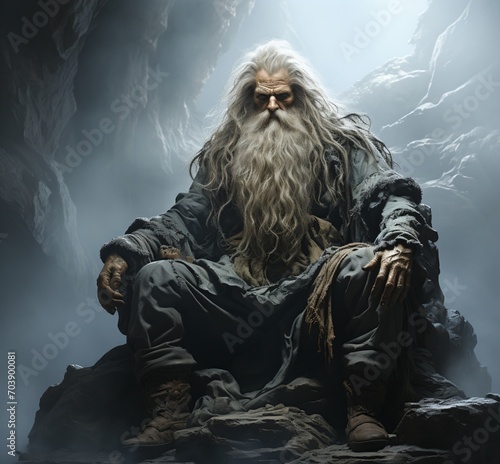 An old man with a long white beard is sitting on a rock in a cave. photo