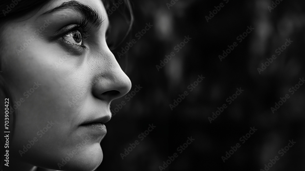 Hübsches Gesicht einer Frau im Seitenprofil in schwarz weiß mit wunderschönen Augen und Nahaufnahme, ai generativ