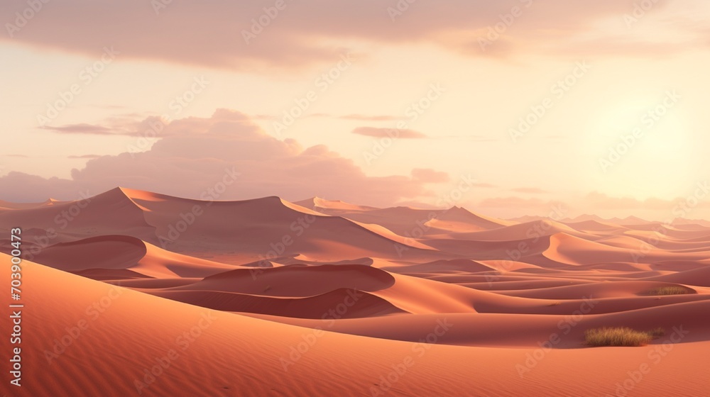 A desert landscape with rolling sand dunes, bathed in the soft light of dawn.