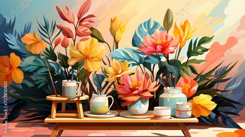 vibrant still life painting of flowers in vases photo