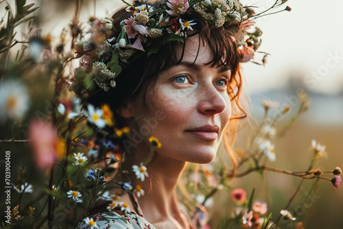 Femininity is natural beauty. Beautiful middle-aged woman with a wreath of wildflowers standing in nature and looking away