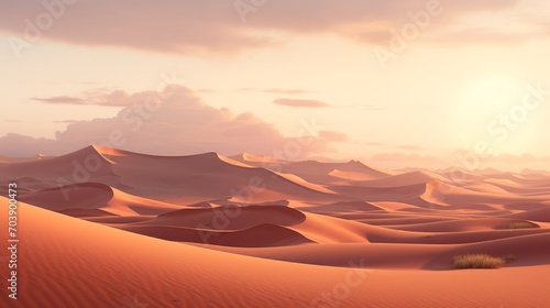 A desert landscape with rolling sand dunes  bathed in the soft light of dawn.