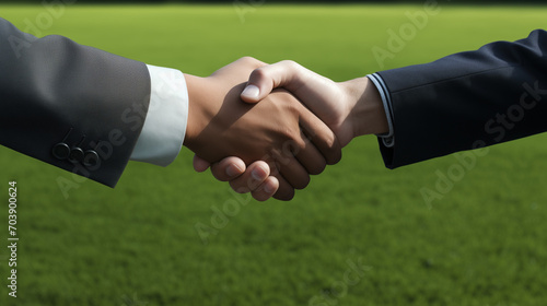 handshake between two professionals, handshake with soccer field background, business handshake on the background of the city, Ai generated image 