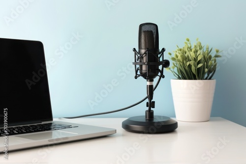 Sleek podcasting microphone setup with a laptop , ready for a professional recording