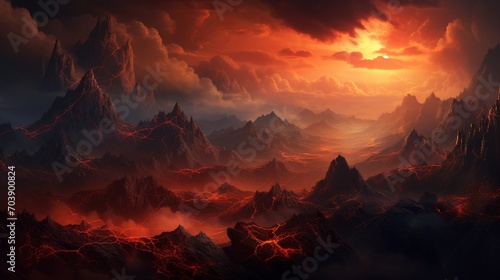 A dramatic mountain vista with rugged peaks, touched by the warm hues of sunset.